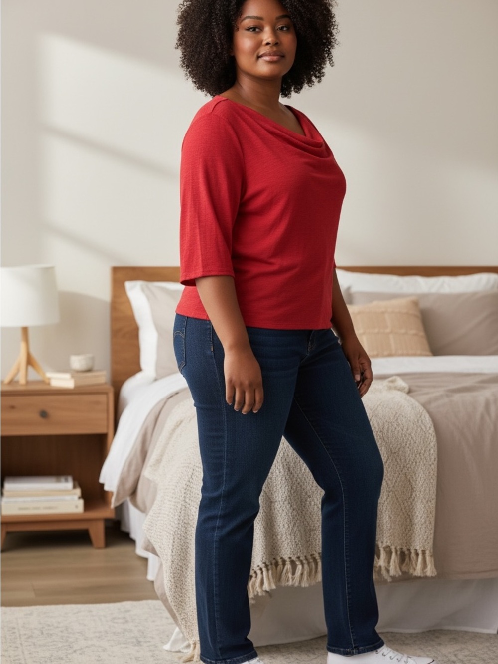 SHEIN Red Draped Neck 3/4 Sleeve Top for Women
